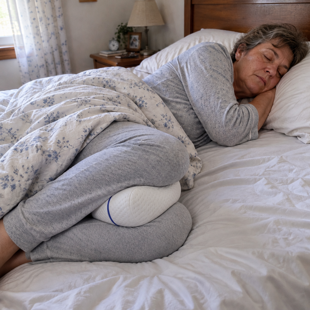 Mujer durmiendo de lado con la almohada entre las rodillas
