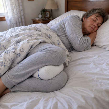 Mujer durmiendo de lado con la almohada entre las rodillas